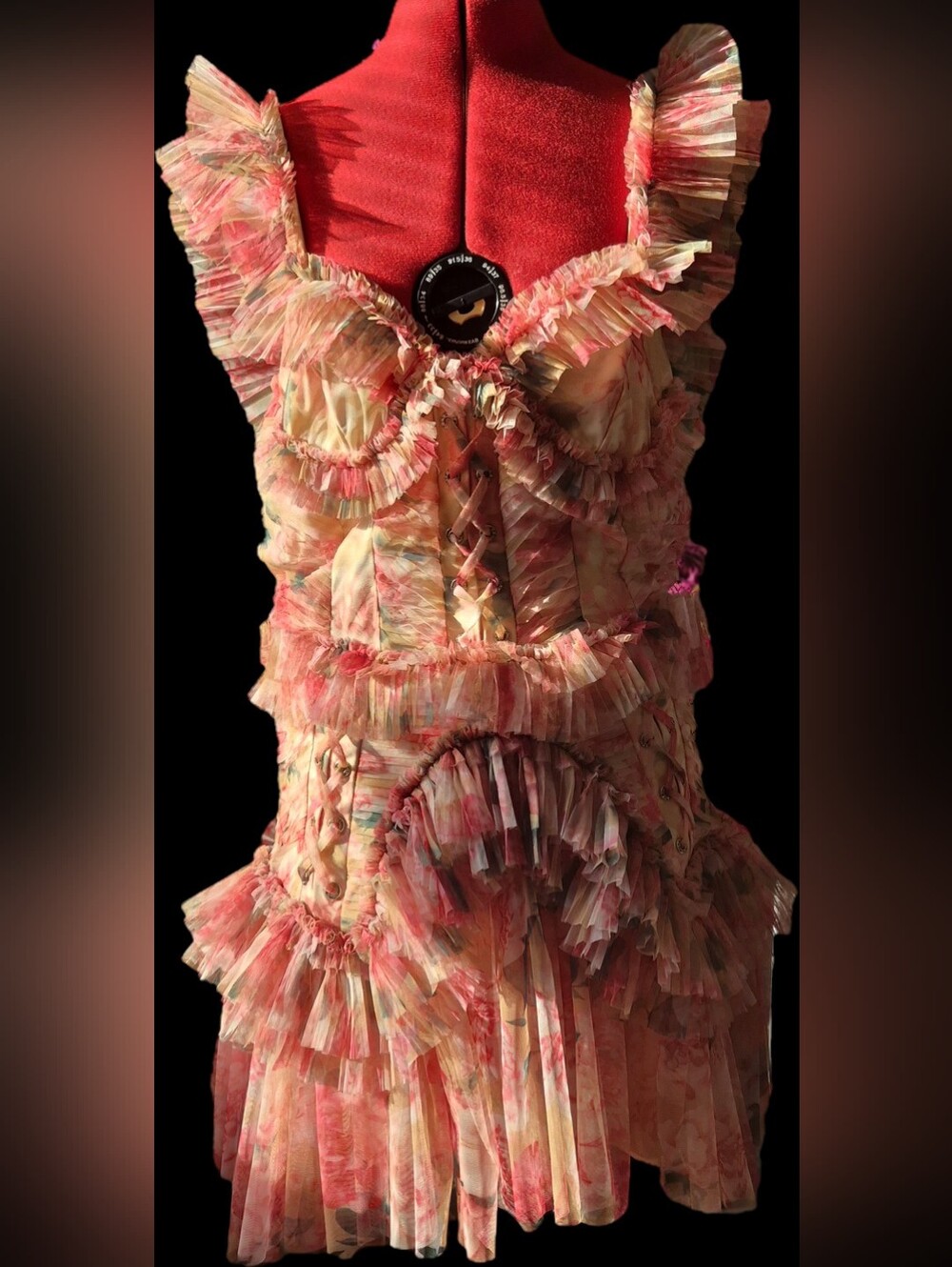 AKIRA Pink, Red and Cream Floral Bustier Dress